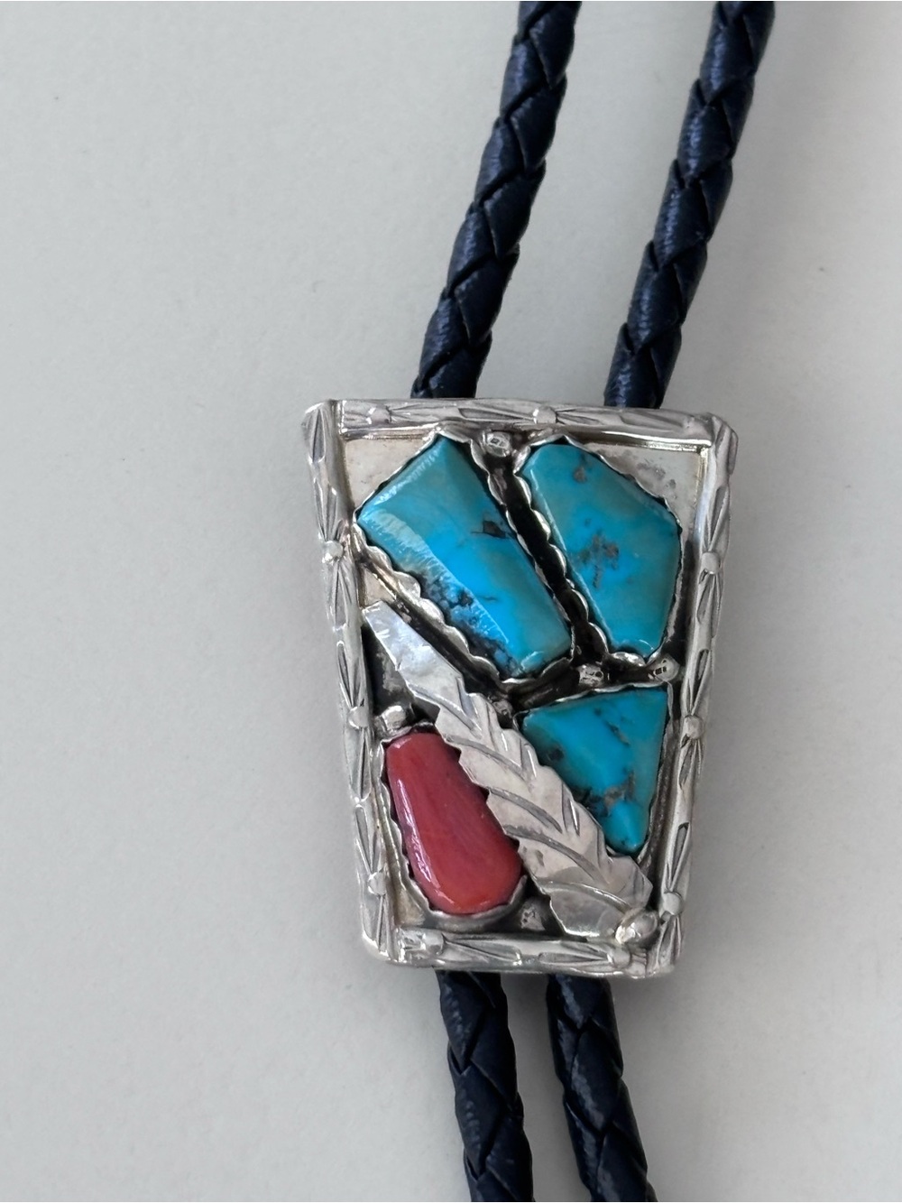Sterling Silver Turquoise and Red Stone Bolo Tie Pendant Necklace - Picture 1 of 4